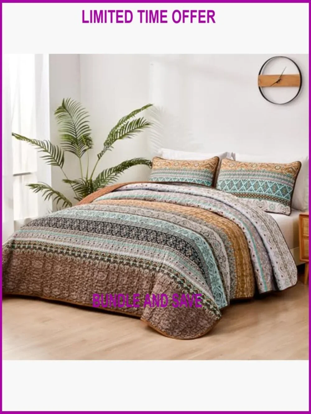 Queen Size Quilt Set, Lightweight Microfiber, Bohemian Pattern, All Season - Picture 2 of 7